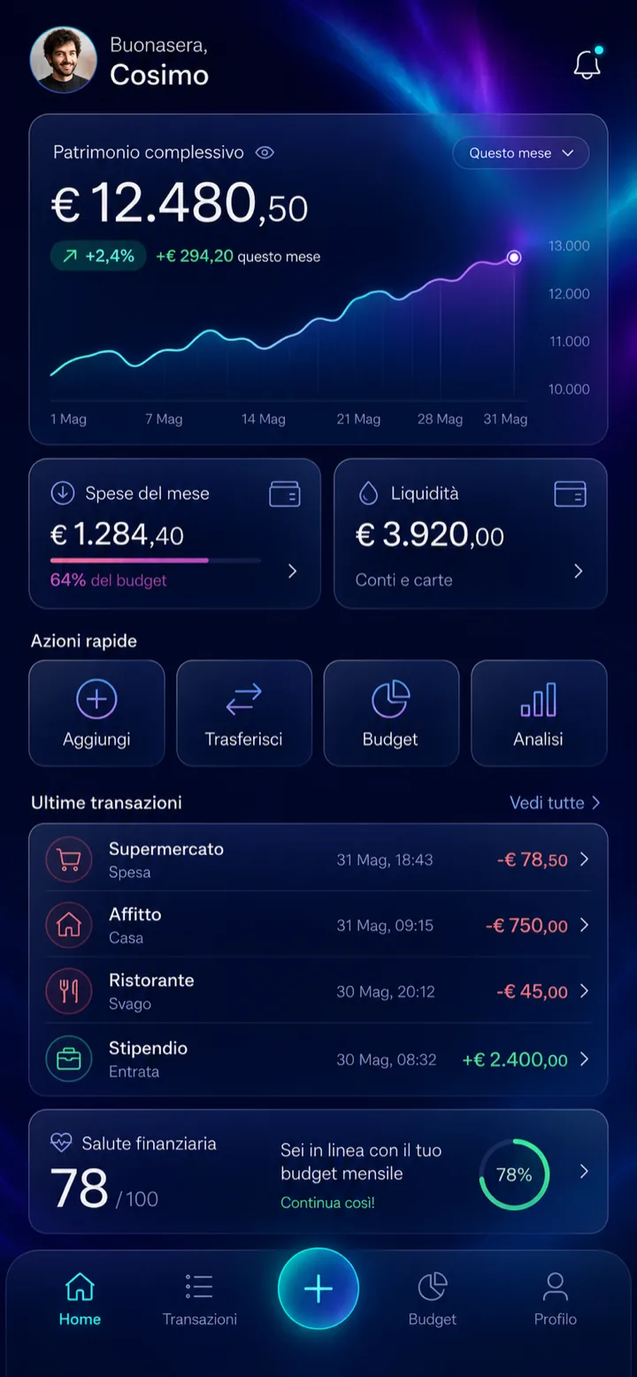 Schermata Home: patrimonio complessivo con grafico e salute finanziaria