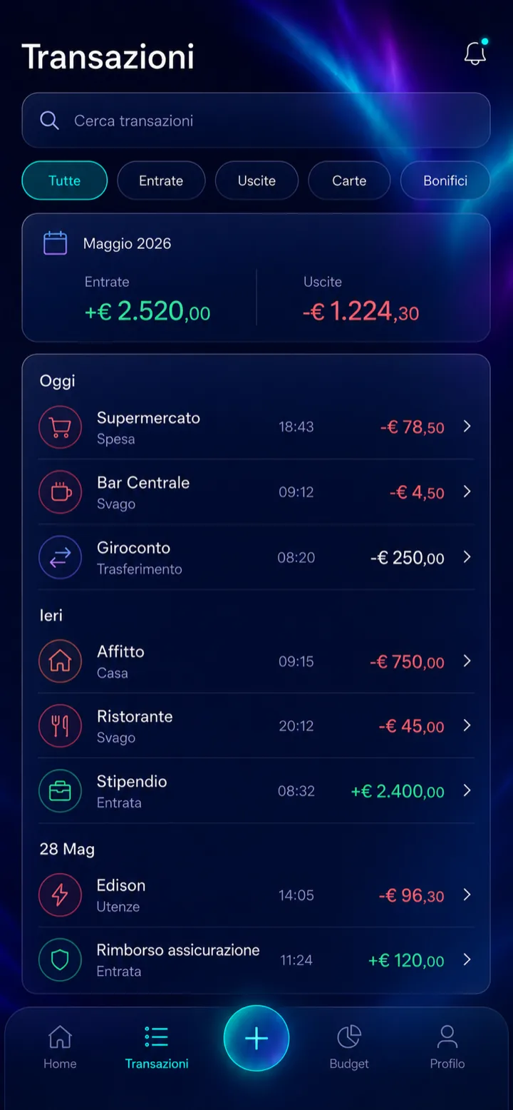 Schermata Transazioni: movimenti raggruppati per giorno con ricerca e filtri